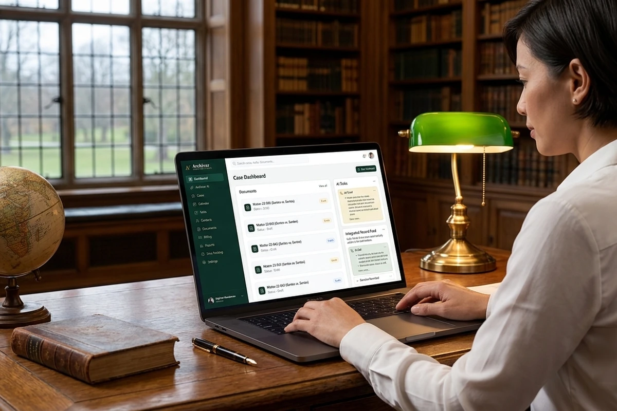 An attorney working at a desk in a wood-panelled law library, the Archivar case dashboard open on her laptop under a green banker's lamp.