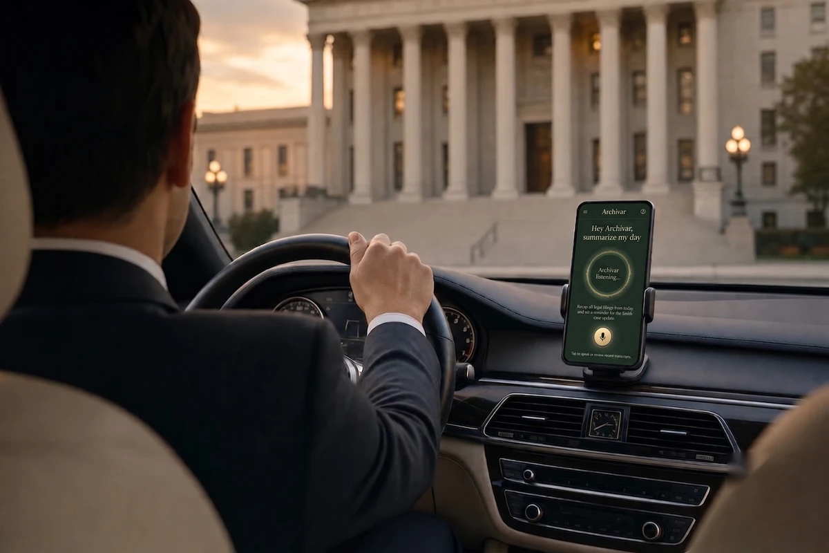 An attorney driving away from a courthouse at dusk, the dash-mounted phone showing Archivar listening to the request Hey Archivar, summarize my day.