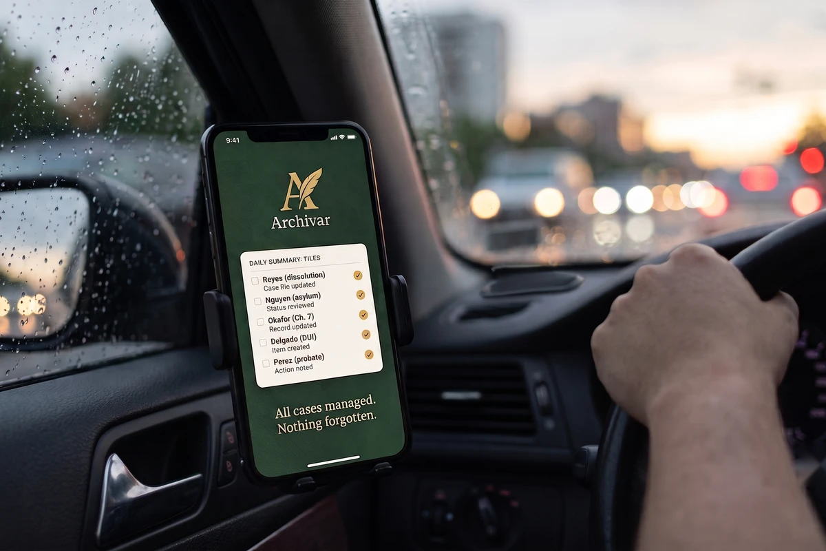 A phone mounted on a car dashboard in evening traffic showing Archivar's daily summary: Reyes, Nguyen, Okafor, Delgado and Perez matters each checked off, above the line All cases managed. Nothing forgotten.
