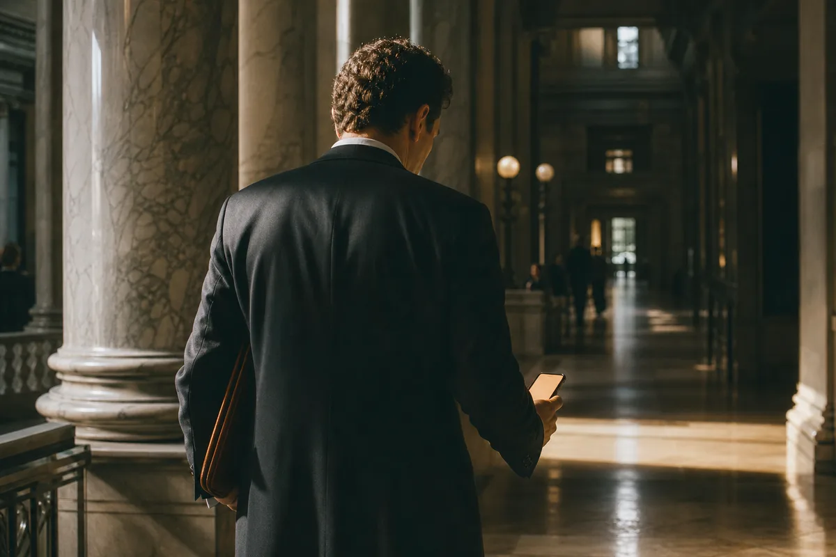 An attorney seen from behind in a marble courthouse corridor, a leather folio under one arm, glancing at a softly glowing phone held low.