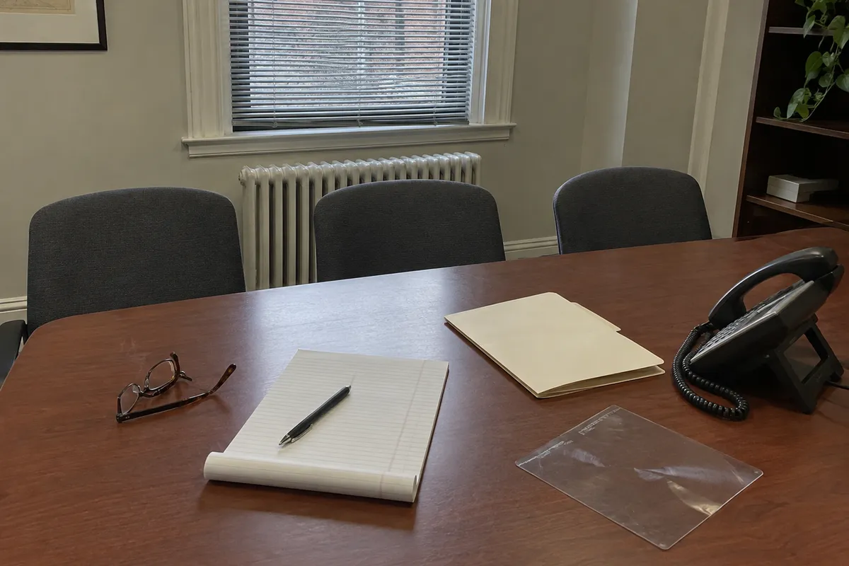 A small law office conference table in flat window daylight, with three empty upholstered chairs pulled close along the far side, folded reading glasses, a blank legal pad with a pen, a closed manila folder, a corded desk phone and a clear plastic magnifying sheet, with a radiator, window blinds and a bookshelf behind. No people are in the frame.