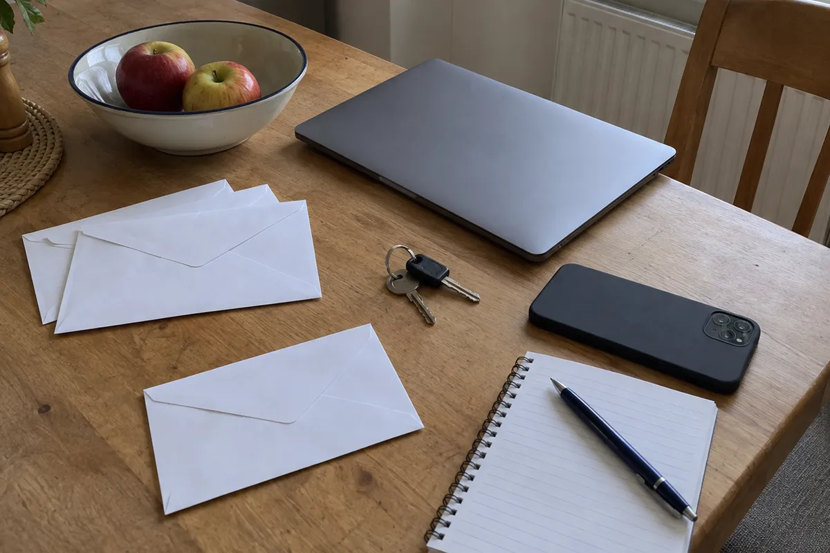 The corner of a wooden kitchen table in flat window daylight, with a few sealed plain white envelopes, one set slightly apart, a closed laptop, a set of house keys, a smartphone lying face down, a blank spiral notepad with a pen and a bowl of apples, with a radiator and a wooden chair behind. No people are in the frame.