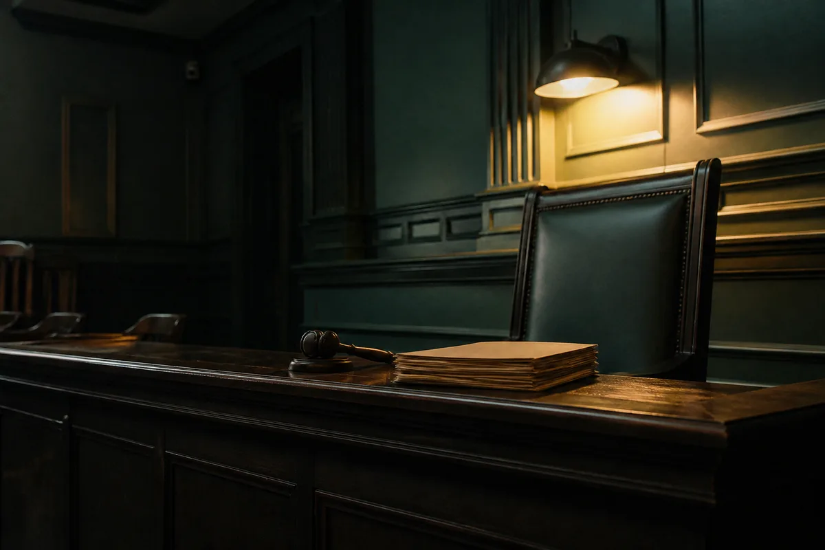 A judge's empty chair behind an unoccupied courtroom bench at dusk, a closed case file stacked beside a gavel on the bench rail, one warm overhead light against deep green shadow.
