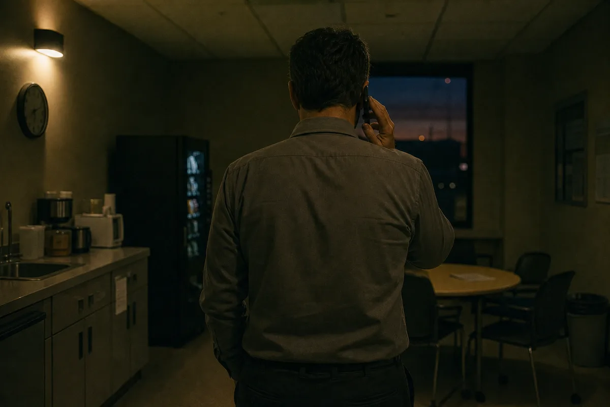 A man seen from behind in a workplace break room at dusk, phone to his ear, shoulders tense, lit by one warm light.