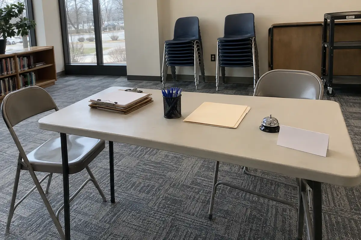A plain folding table set up in a library community room in flat overcast daylight, with two empty metal folding chairs facing each other across it, a short stack of blank clipboards, a mesh cup of blue pens, a closed manila folder, a desk bell and a blank tented card, with stacked plastic chairs, a rolling cart and a low bookshelf behind. No people are in the frame.