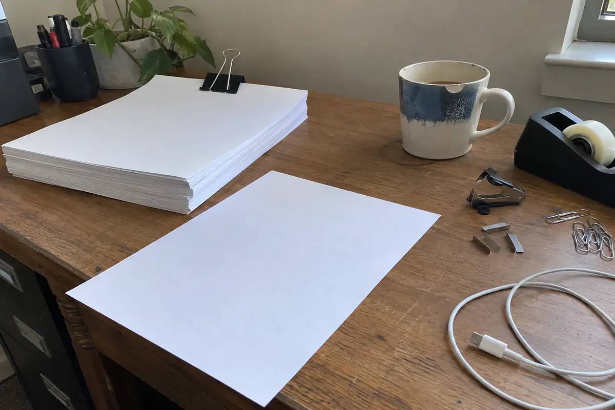 A wooden office desk in flat window daylight: a thick stack of blank white paper held by a large black binder clip, a single blank sheet pulled out of the stack and lying by itself on the wood beside it, a metal staple remover and a few loose staples, a chipped mug on a faint ring stain, a black tape dispenser, scattered paper clips and a coiled white charging cable.