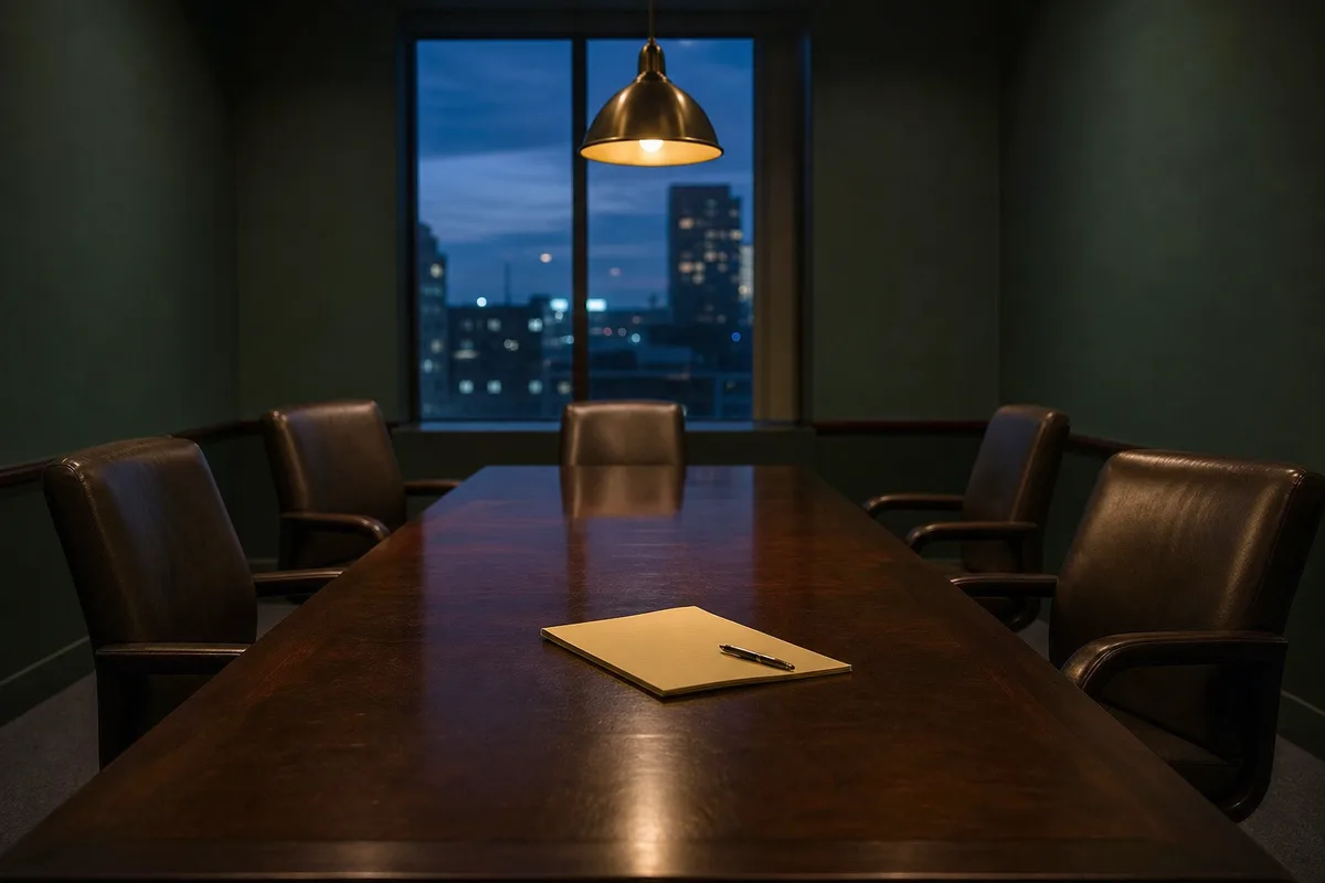 An empty law firm conference room at dusk: chairs pushed back from a long table under one warm pendant lamp, a legal pad left behind.
