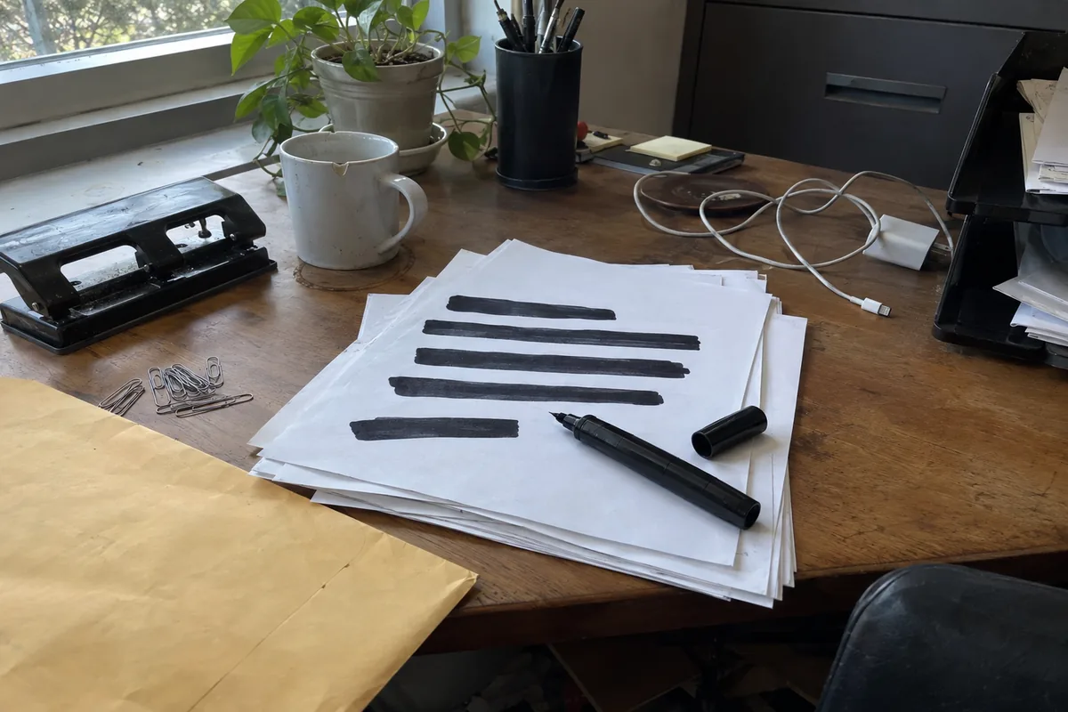 A worn wooden desk beside a window in flat daylight: a loose stack of plain white paper whose top sheet carries five wide hand-drawn black marker bars, an uncapped thick black felt-tip marker and its cap lying across the pile, a manila envelope, a scatter of paper clips, a black three-hole punch, a chipped mug and a tangled white charging cable.