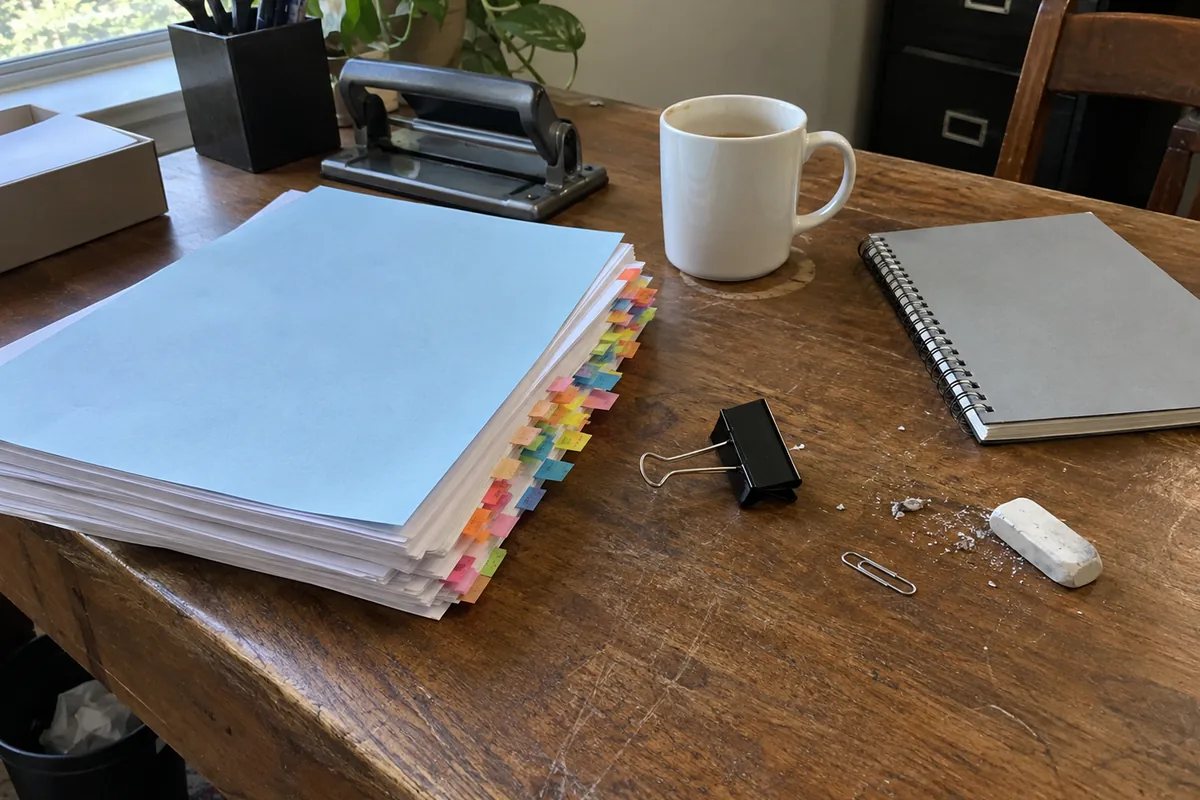 A scuffed wooden office table in flat window daylight, holding a thick stack of blank white paper tabbed along one edge with dozens of small coloured adhesive flags, a plain pale blue cover sheet on top, a black binder clip, a three-hole punch, a half-empty mug on a ring stain and a closed spiral-bound volume with a blank grey cover.