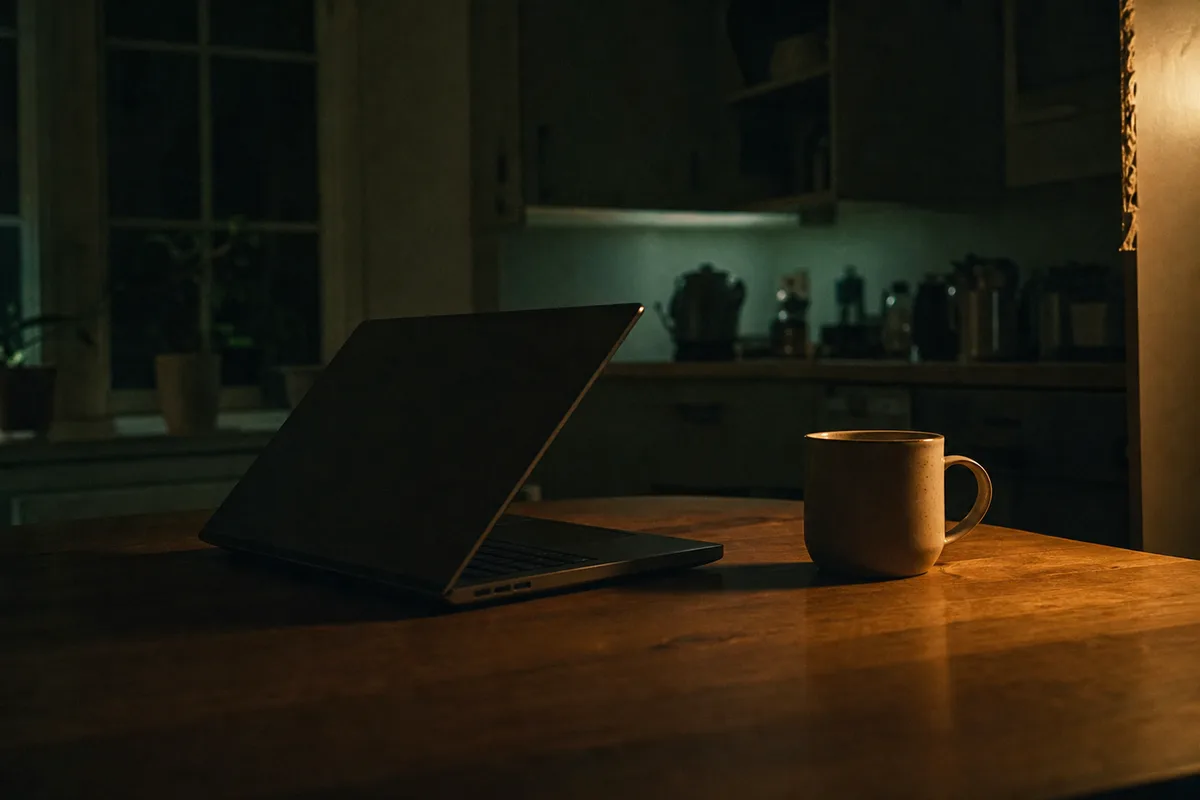 A laptop half-closed on a kitchen table at night, its screen glow fading to black, a mug beside it.