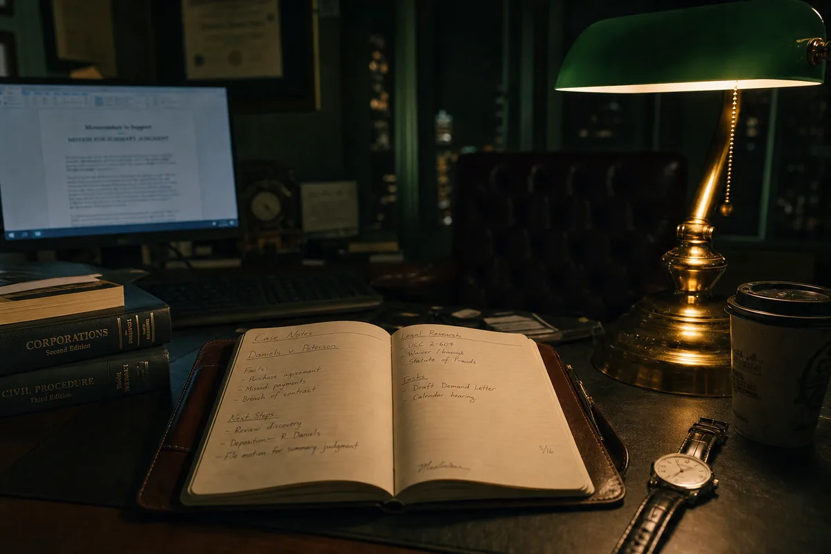 A lawyer's desk in a dark office: an open notebook of handwritten time entries beside a wristwatch and a cold coffee, under a banker's lamp.