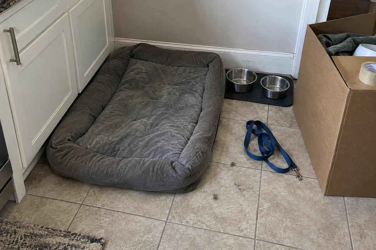 The corner of an apartment kitchen in flat daylight: a flattened grey dog bed pushed against a white cabinet, two empty stainless steel bowls on a black rubber mat, a coiled blue nylon leash on the tile floor, a half-packed cardboard moving box with a roll of packing tape resting on its flap, and a few tufts of pet hair on the tile.