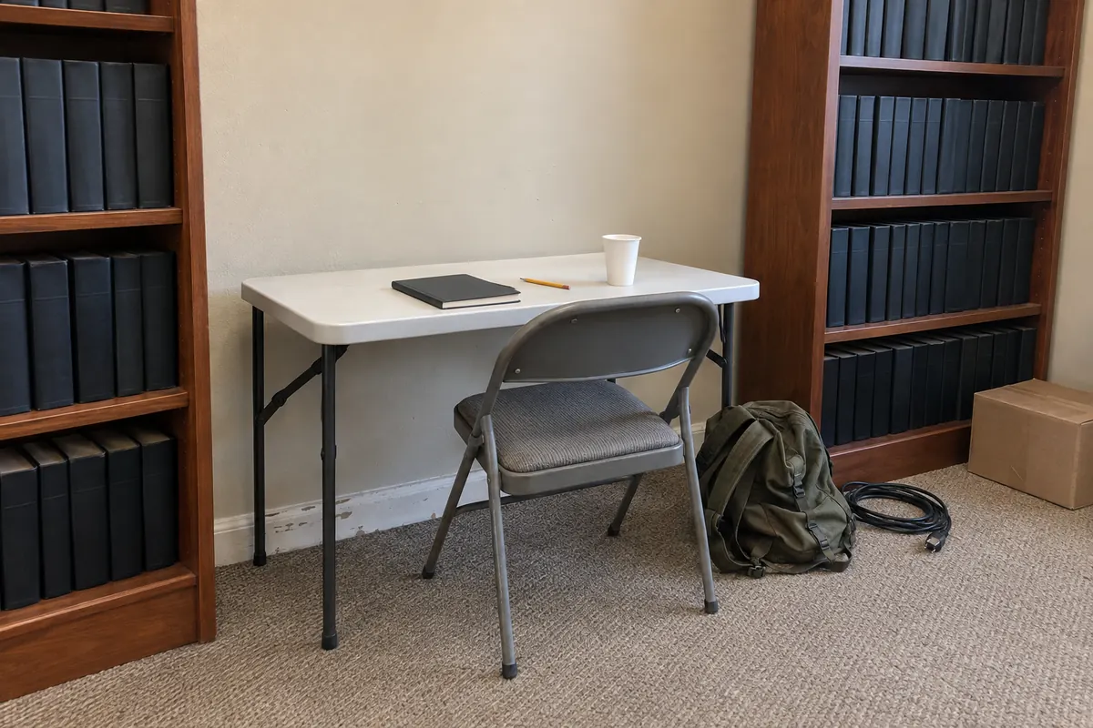 A borrowed corner of a law office: a narrow folding table and a grey metal folding chair wedged between two tall bookcases of uniform dark bound volumes with blank spines, a closed notebook and an empty paper cup on the table, a canvas backpack on the carpet beside a coiled cord and a cardboard box, in flat indoor daylight.