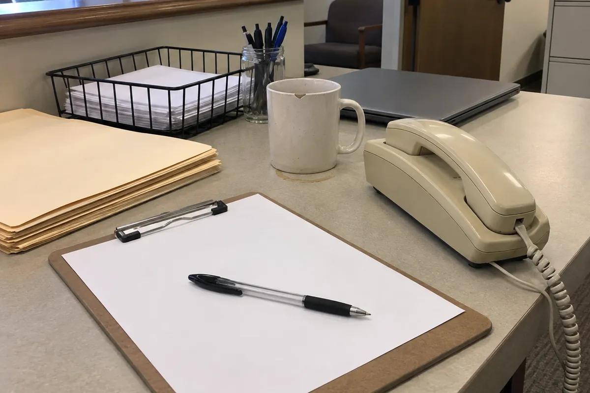 La esquina del mostrador de recepción de un despacho de abogados pequeño bajo luz diurna plana y nublada: una tabla portapapeles café con una hoja blanca completamente en blanco y un bolígrafo apoyado encima, un montón de folders manila cerrados y vacíos a la izquierda, una charola metálica negra de alambre con hojas blancas en blanco, un frasco de vidrio con bolígrafos, una taza blanca despostillada sobre una tenue mancha circular, una laptop gris cerrada empujada hacia el fondo y un teléfono de escritorio beige con cable, con el auricular en su base y el cordón rizado cayendo por el borde del mostrador. No hay personas en el encuadre.