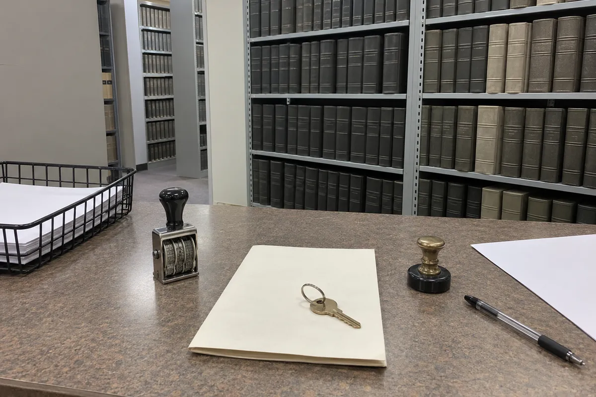 Un mostrador de una oficina de registro de la propiedad con luz de día plana: una escritura en blanco doblada con una llave de casa encima, una prensa de sello notarial de latón, un fechador metálico, una pluma, una hoja en blanco y una bandeja de alambre con papel en blanco, con altos estantes grises de libros de registro encuadernados idénticos al fondo. No hay personas en el encuadre.