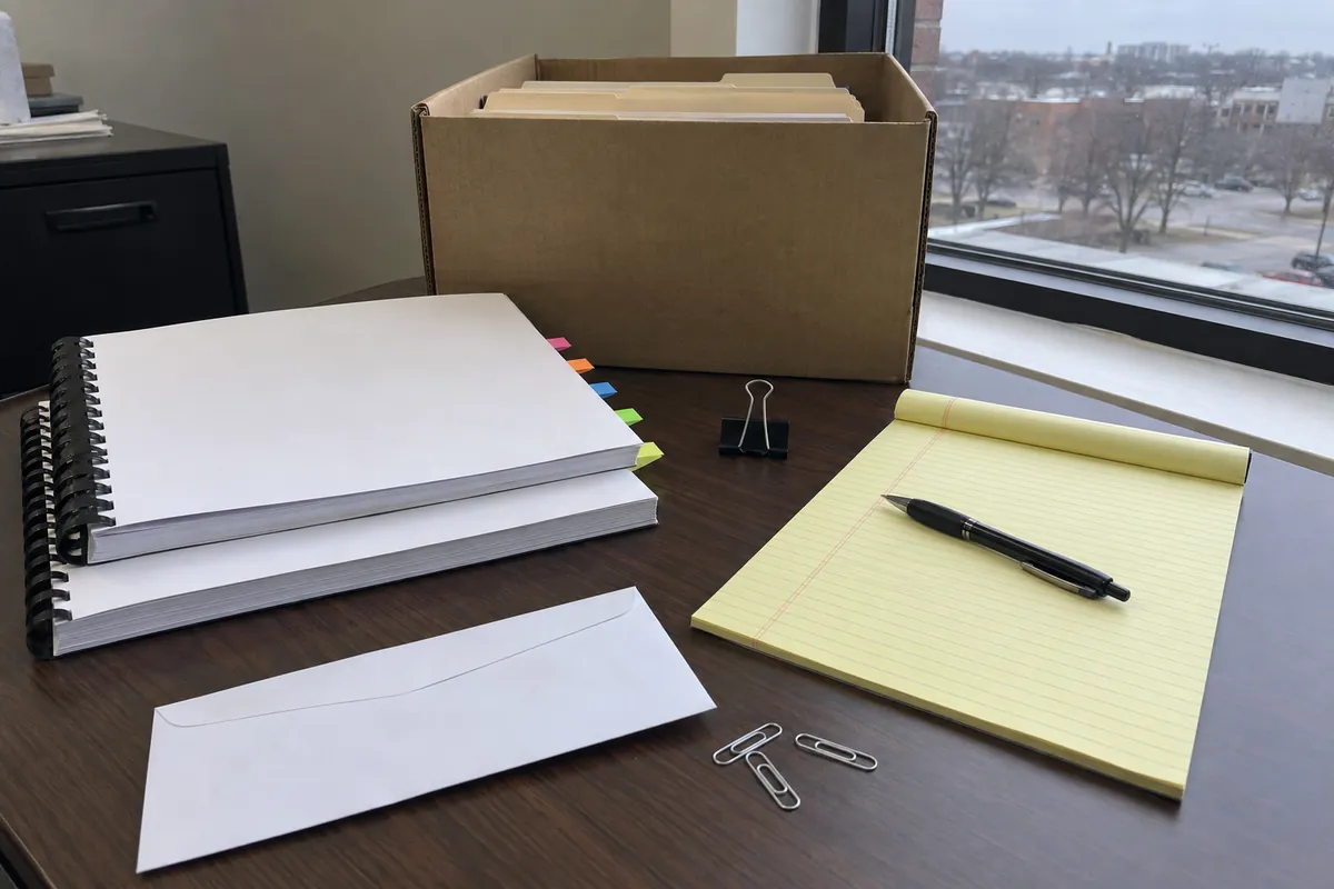 The corner of a dark wood office desk under flat overcast daylight from a window: two thick documents bound with black plastic spiral combs lying stacked flat, their covers plain and completely blank, with small colored adhesive page flags along one edge, a black binder clip, a plain unaddressed white envelope, a few loose paper clips, a black pen resting on a blank yellow legal pad, and an open cardboard file box of unlabeled folders behind. No people are in the frame.