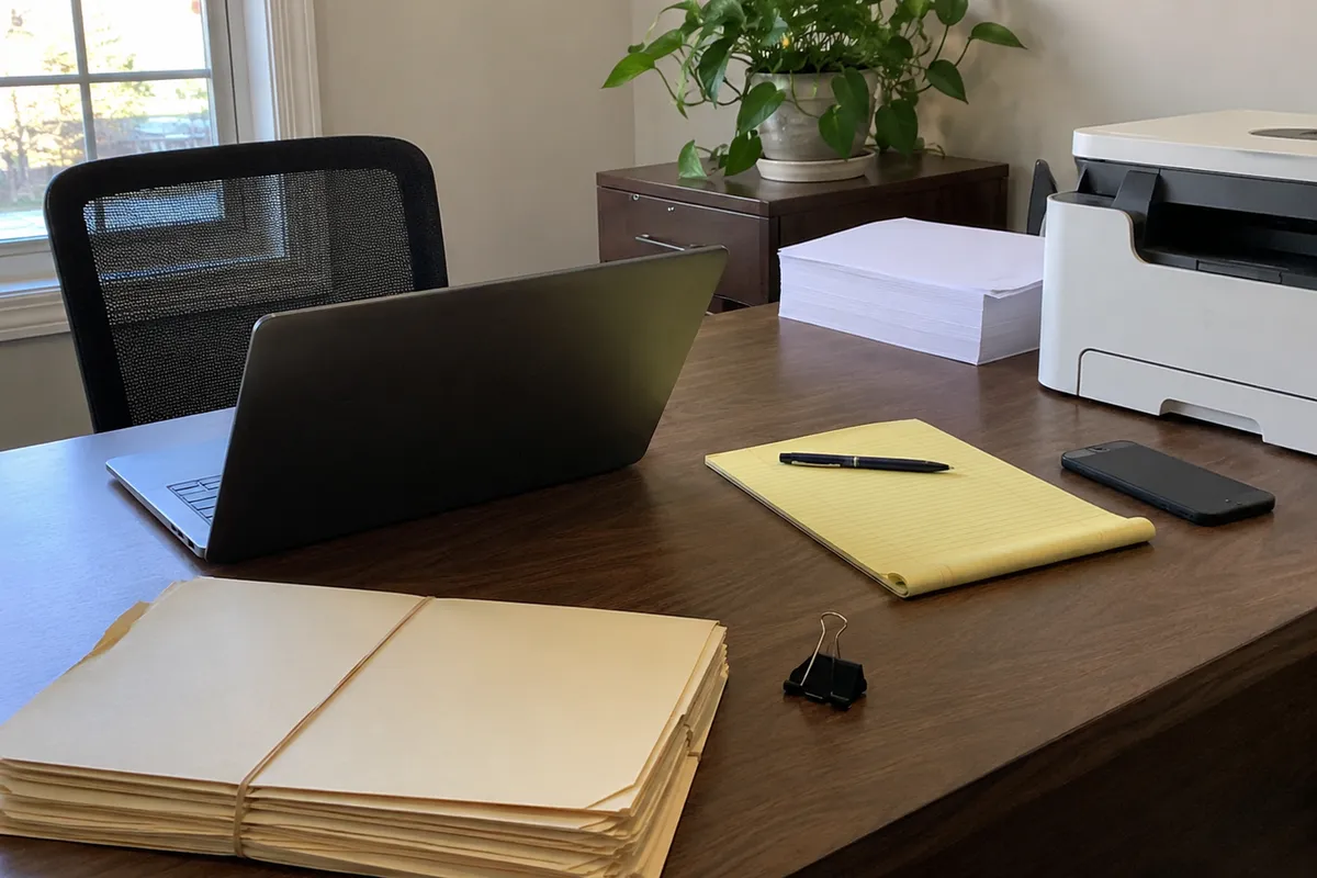 Una mesa de trabajo de un despacho de abogados con luz de día plana: una computadora portátil inclinada de modo que no se ve la pantalla, una pila de carpetas de manila en blanco atadas con una liga, un clip negro, un bloc amarillo en blanco con una pluma, un teléfono boca abajo y una impresora con una pila de papel en blanco. No hay personas en el encuadre.