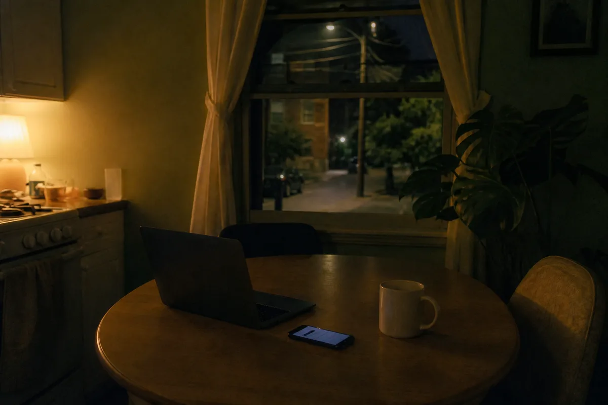 Una laptop y la pantalla iluminada de un teléfono sobre una mesa de cocina de noche, junto a una taza de café, con una sola lámpara cálida como única luz de la habitación y cortinas abiertas hacia una calle oscura.