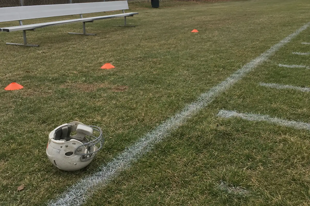 Un campo de entrenamiento de fútbol americano vacío en un día nublado: un casco blanco desgastado y sin marcas yace de lado sobre el césped junto a una línea lateral pintada, con algunos conos naranjas y un banco metálico vacío detrás. No hay personas en el encuadre.