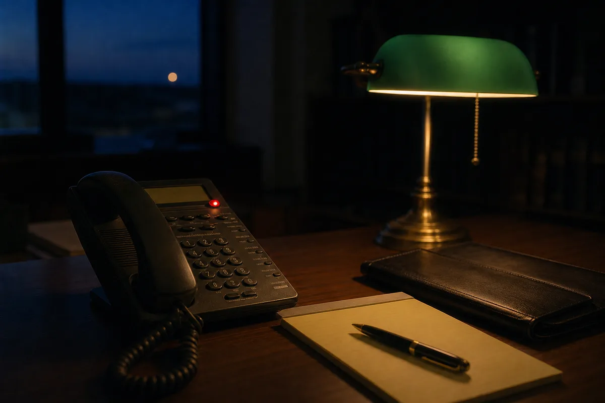 A law-office desk at dusk: a desk phone with its message light glowing, beside a closed folio and a blank legal pad under a banker's lamp.