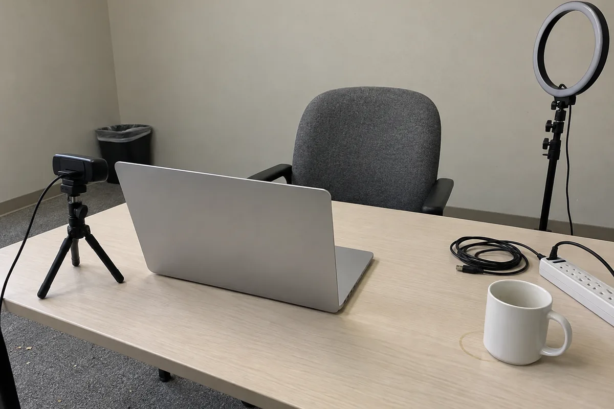 A small plain meeting room in flat overcast daylight: an empty grey fabric office chair pulled up to a pale laminate table facing a small black webcam clamped to a short tripod, a closed silver laptop turned away from the chair, a coiled black cable and a white power strip on the table, an unlit ring light on a stand at the right, a white mug on a faint ring stain, and a black wastebasket against the beige wall. No people are in the frame.