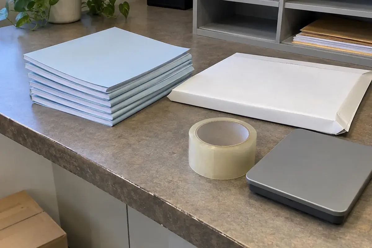 A stack of slim booklet-format briefs with blank pale blue covers on a worn laminate mailroom counter, beside a plain white shipping envelope, a roll of packing tape, a small grey postal scale and a metal mail sorter, in flat indoor daylight.