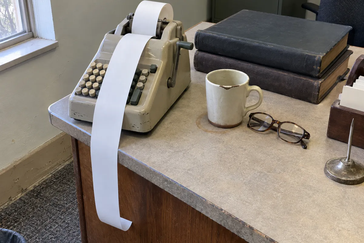 The corner of a worn laminate office counter beside a window in flat daylight, holding an old beige mechanical adding machine whose blank paper tape curls over the edge, two closed dark bound volumes with plain unlettered spines stacked beside it, a chipped mug on a faint ring stain, a folded pair of reading glasses, an empty metal paper spike and a wooden card index box.