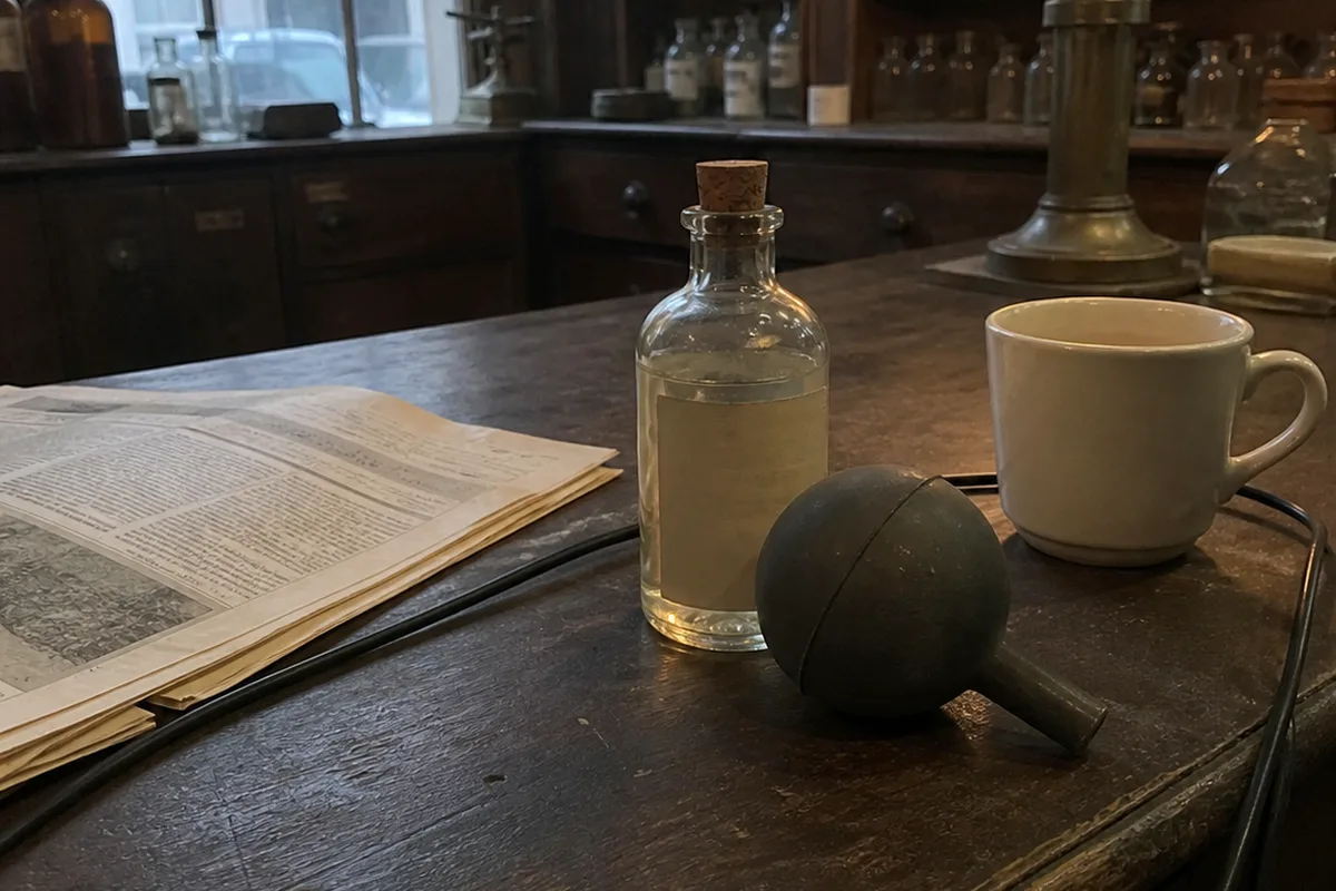 A Victorian-era rubber medicine bulb and glass vial resting on a worn wooden apothecary counter, an unopened folded newspaper beside them with no legible text, dust motes visible in one warm amber light against deep green shadow.