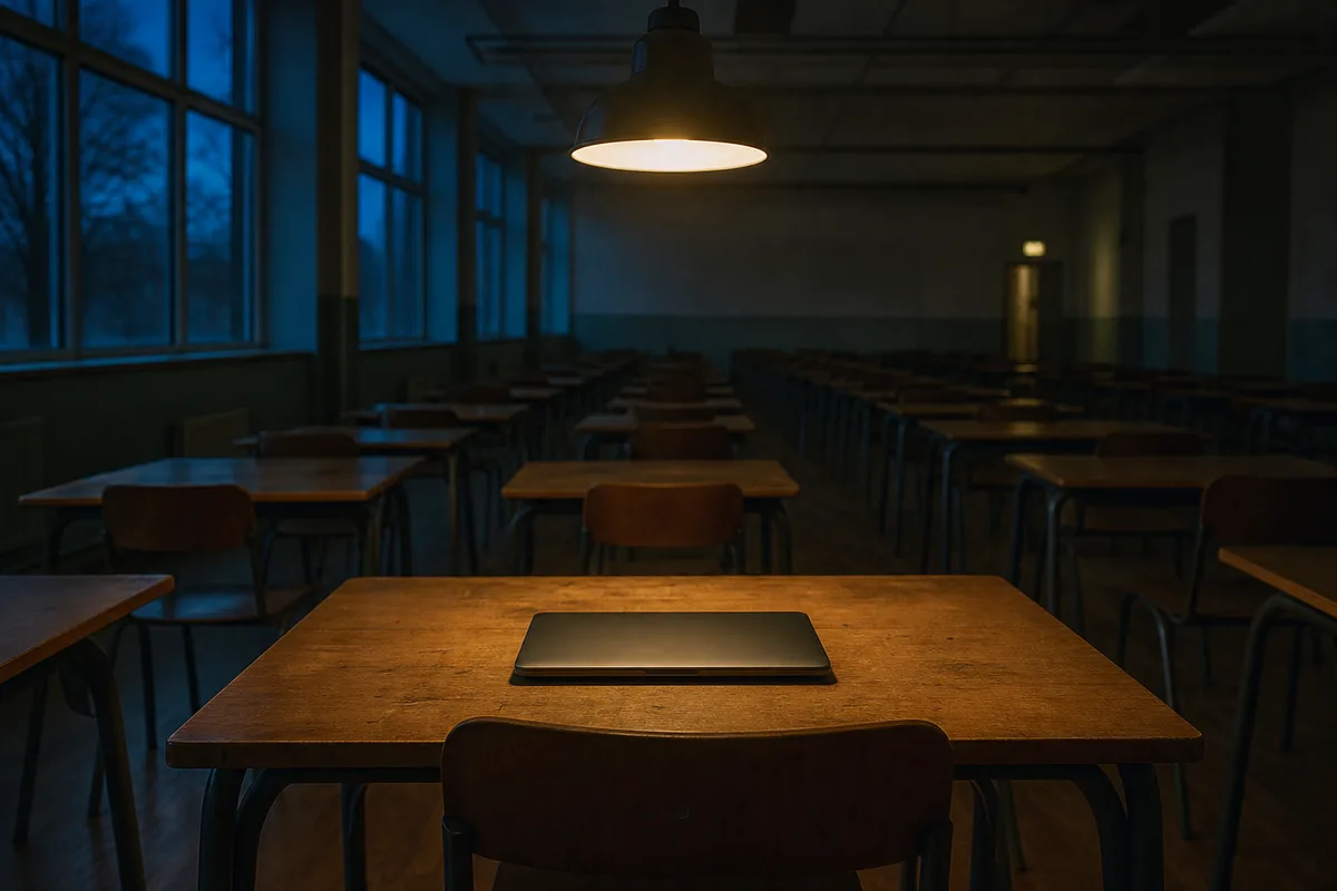 A large exam hall at dusk with long rows of empty desks and a single closed laptop under one warm overhead light.