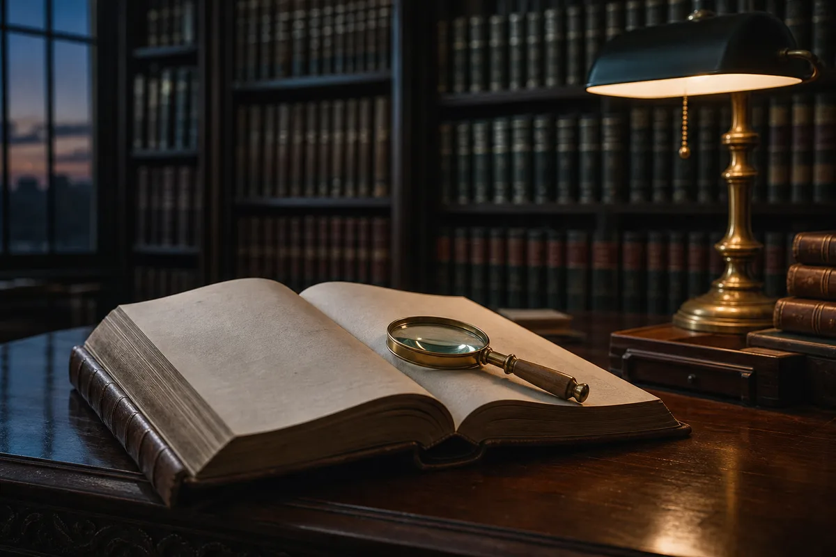 An open leather-bound law reporter on a dark library desk at dusk, a brass magnifying glass resting on its page, shelves of bound case reporters in deep green shadow behind.
