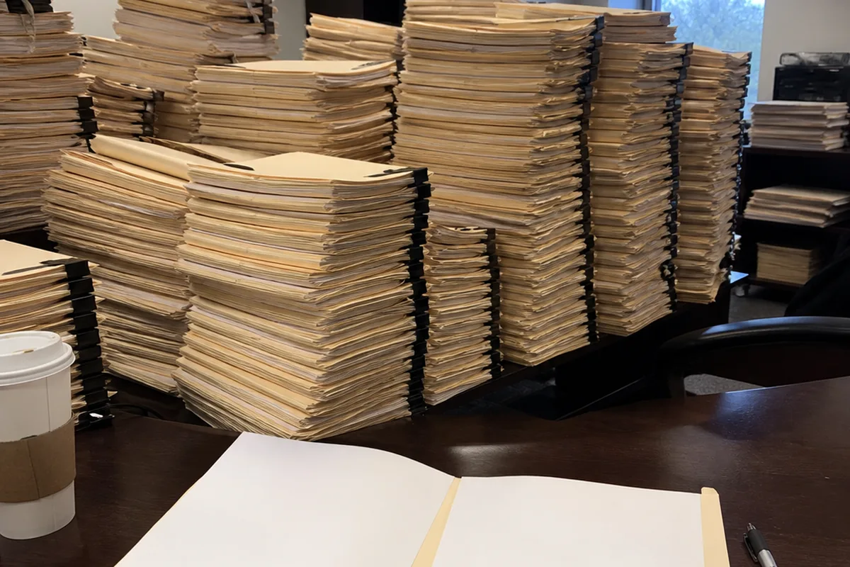 Two identical stacks of paper engagement letters side by side on a law office desk, one with a visible signature line, no legible text, one warm lamp against deep green shadow.