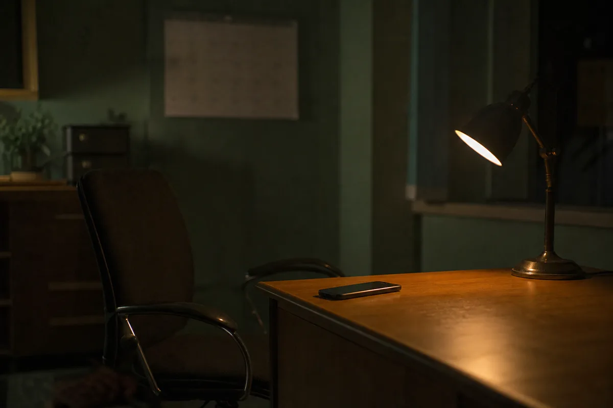 An office chair pushed back from an empty desk at dusk, a calendar on the wall, a phone lying face down under a single warm lamp.