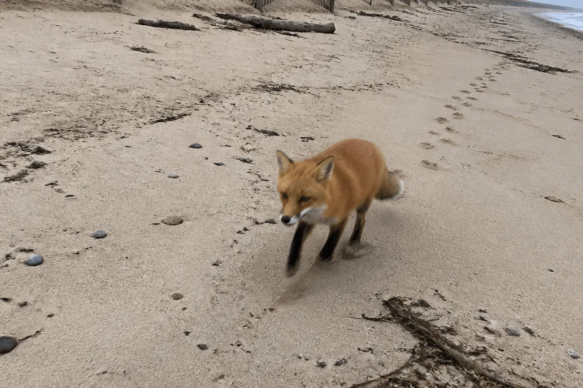 A lone red fox seen from behind on a windswept, empty dune beach at dusk, looking out over deep muted green marram grass toward one warm amber band of light low on the horizon over a dark sea.
