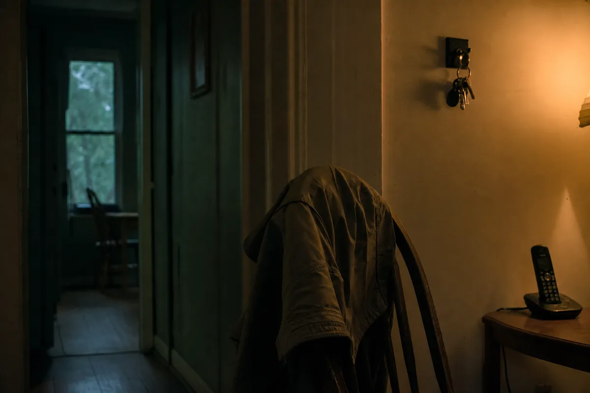 A home entryway at dusk: keys on a hook and a coat over a chair, lit by one warm lamp against deep green shadow.