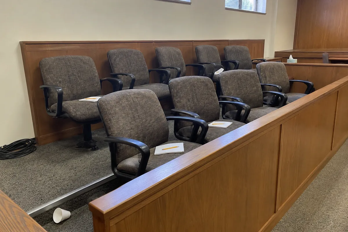An empty jury box in a small plain courtroom: two short rows of worn upholstered swivel chairs behind a low wooden rail, blank notepads and stubby pencils left on the seats, a paper cup on the carpet, in ordinary flat daylight.