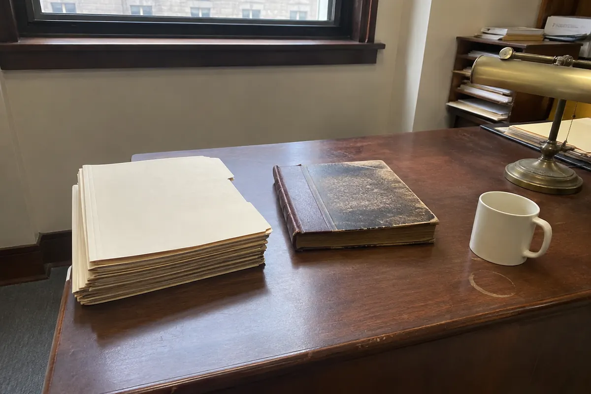 A stack of blank manila case folders and a worn leather-bound ledger on a law office desk, a white coffee mug beside them, a brass banker's lamp and a shelf of papers in the background, ordinary daylight from a city window.