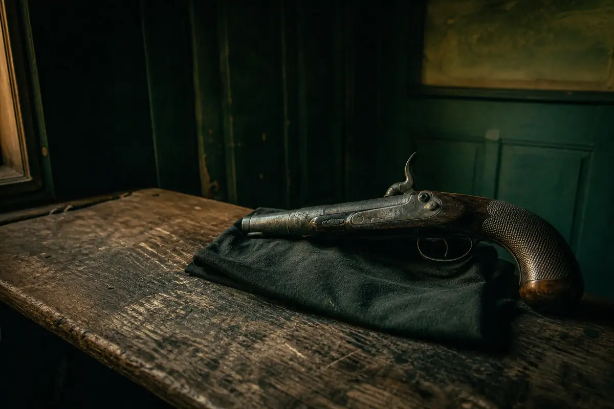A single antique percussion pistol resting on a folded dark cloth on an old wooden table, lit by one warm amber light against deep green shadow.