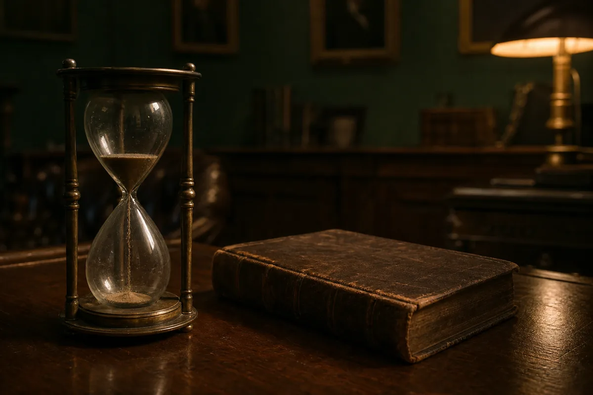An antique hourglass with its sand nearly run out, standing beside a closed leather-bound law volume on a dark wood desk, lit by one warm amber lamp against deep green shadow.