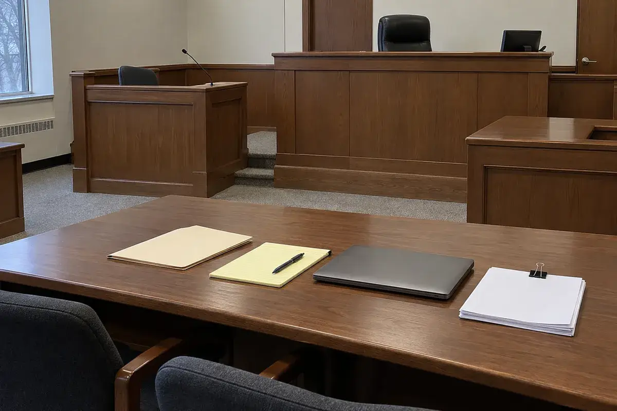 Una pequeña sala de tribunal vacía con luz diurna plana de una ventana lateral, vista desde detrás de la mesa de la defensa: dos sillas tapizadas vacías, una carpeta manila cerrada, un bloc amarillo en blanco con un bolígrafo, una laptop cerrada y una pila corta de papel en blanco sujeta con una pinza, con el estrado de testigos y el estrado del juez vacíos al fondo. No hay personas en el encuadre.