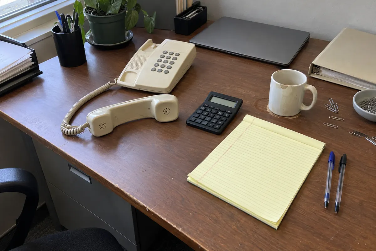 The corner of a cluttered small-office desk in flat window daylight: a beige corded desk telephone with its handset lifted off the cradle and lying face up on the wood, the coiled cord looping across the desk, a small black pocket calculator with a blank display beside it, an unwritten yellow legal pad and two ballpoint pens, a chipped white mug on a faint ring stain, a closed grey laptop pushed to the back edge, and scattered paper clips.