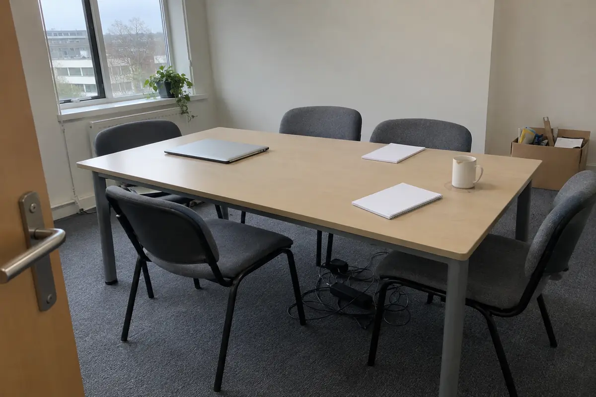 A small plain office meeting room in flat overcast daylight from a window: several identical grey fabric chairs pushed in around a pale laminate worktable, a closed silver laptop and two blank spiral notepads on the table, a white mug on a faint ring stain, a tangle of black cables and a power strip on the grey carpet beneath the table, and a half-open cardboard box of loose stationery against the far wall. No people are in the frame.