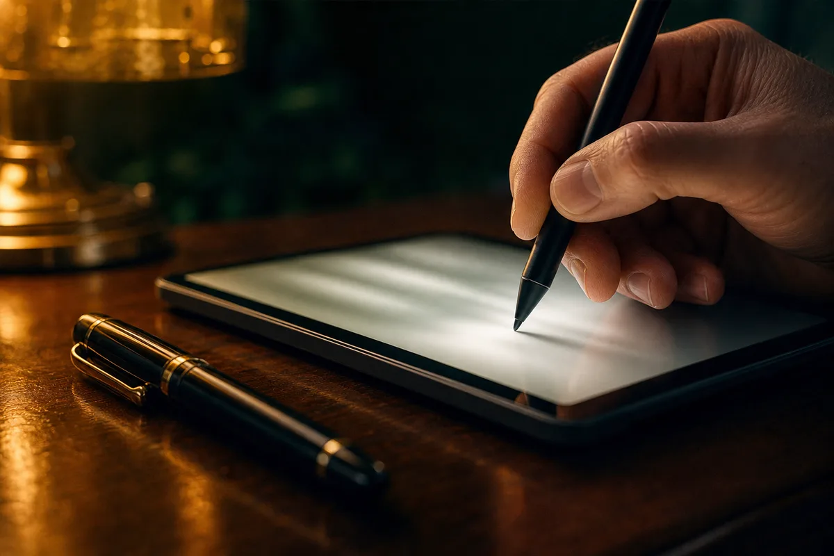 A hand holding a stylus signing on a softly glowing tablet screen on a dark wood desk, a capped fountain pen resting beside it under a warm lamp.